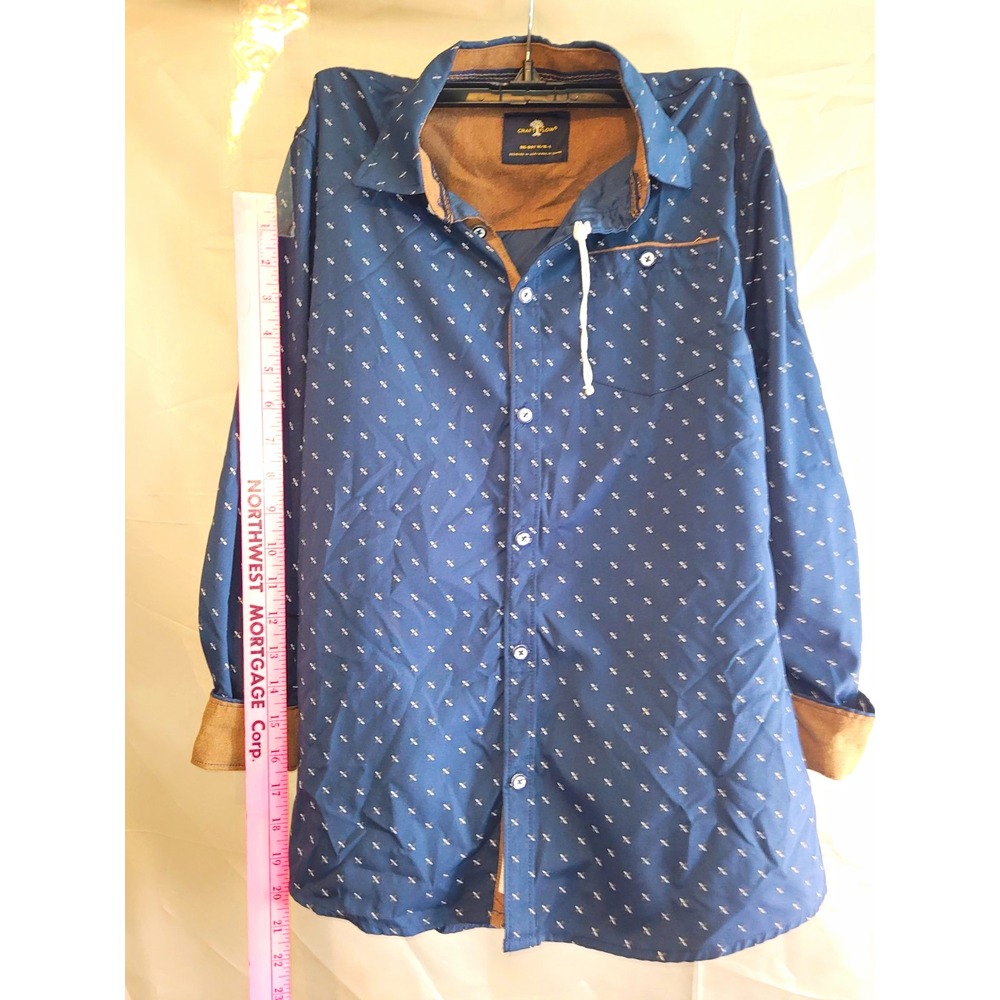 Craft Flow Teens S Blue Geometric Woven Polyester Long Sleeve Point Collar Shirt